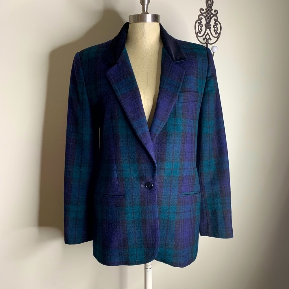 Giorgio Sant’ Angelo VTG Pure Wool Black Watch Plaid Velvet Collar Blazer Jacket